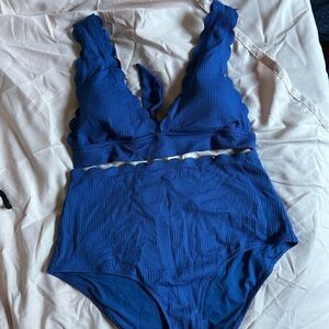 Aerie Blue Triangle High Waisted Full Coverage Medium Scalloped Bikini Set